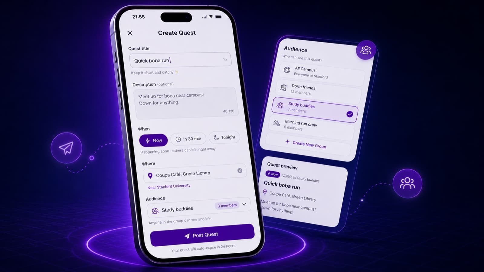 CoQuest create-quest screen with title, timing, location, and audience fields, next to an audience picker