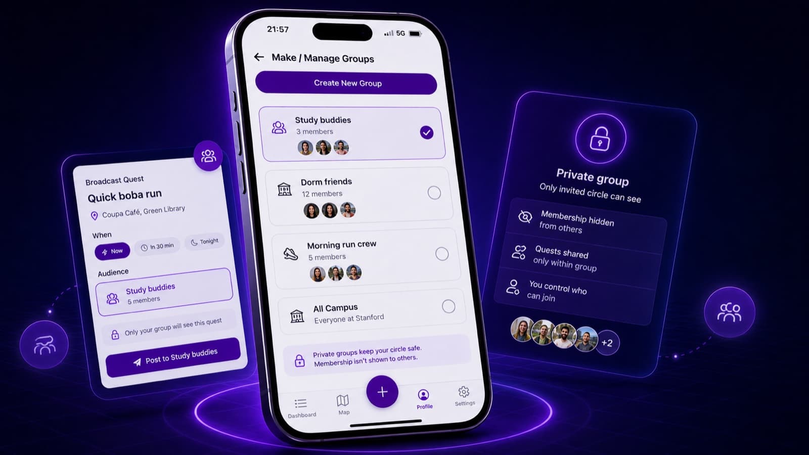 CoQuest group management screen showing private audience groups, next to a private-group explainer card
