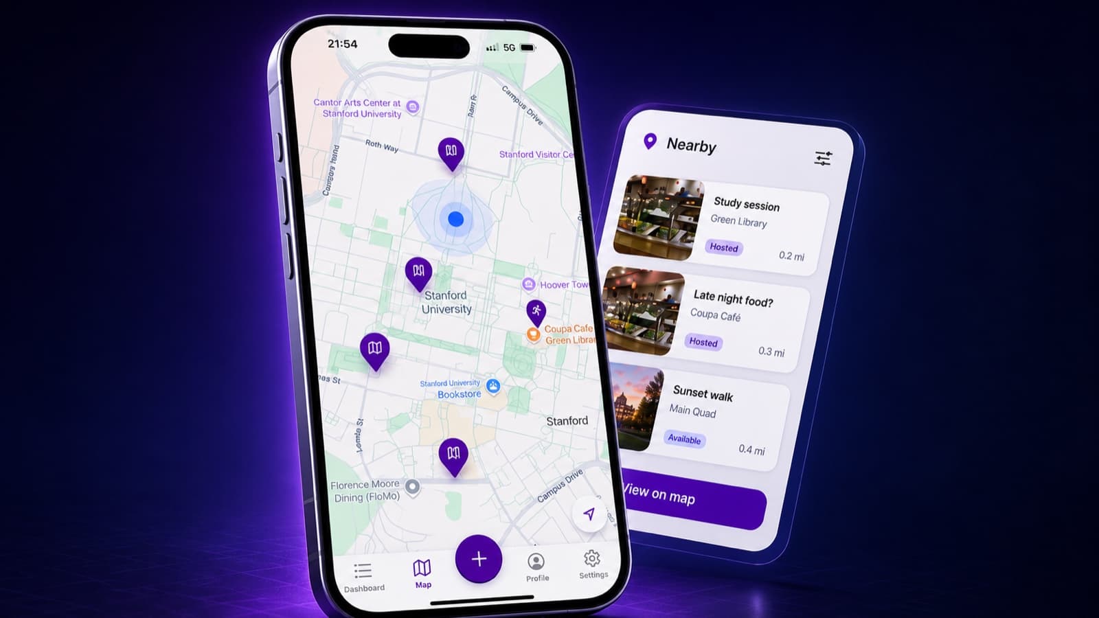CoQuest map screen showing quest pins near Stanford landmarks, next to a nearby-quests list