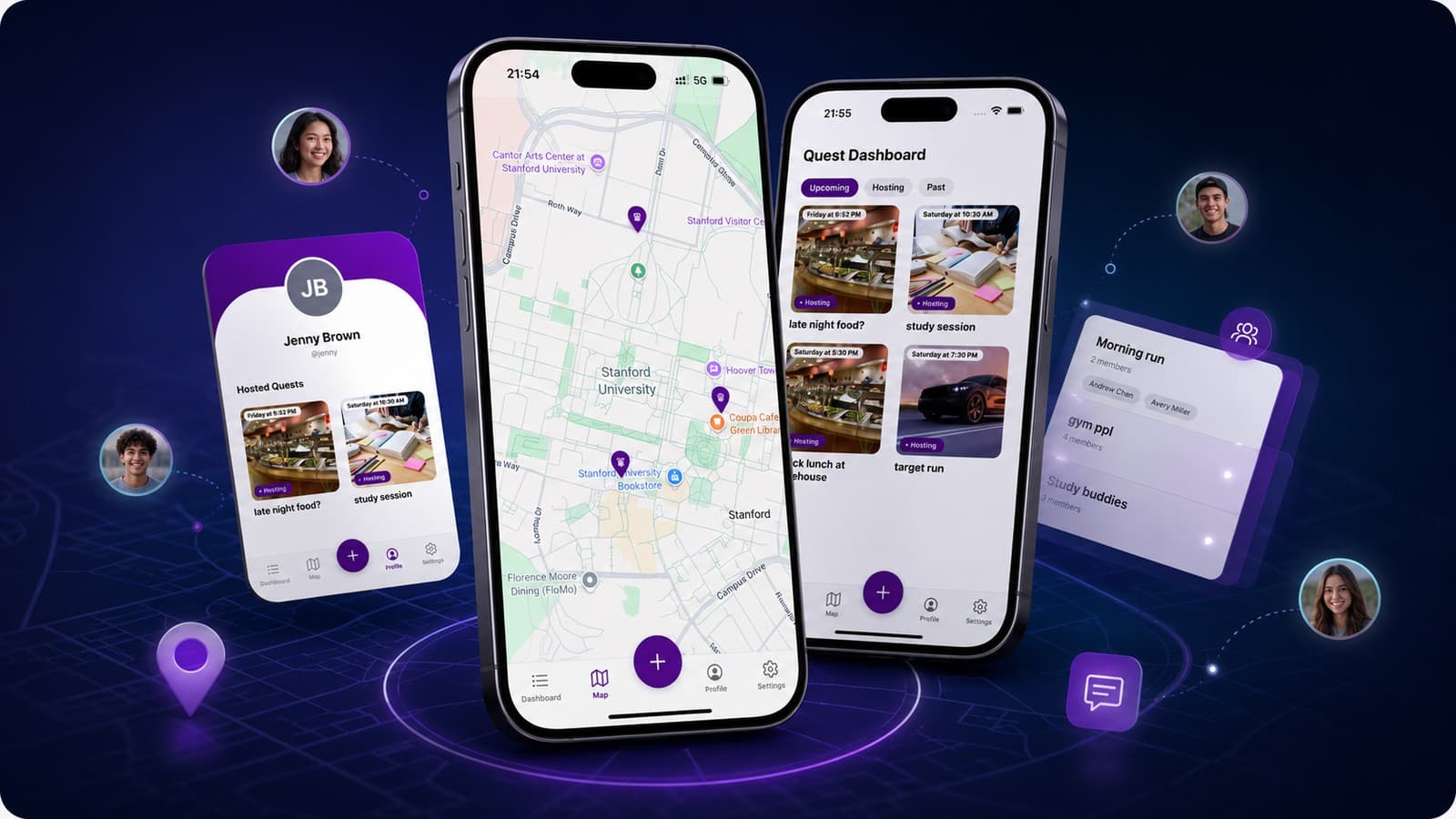 CoQuest's live campus map showing quest pins near Stanford landmarks
