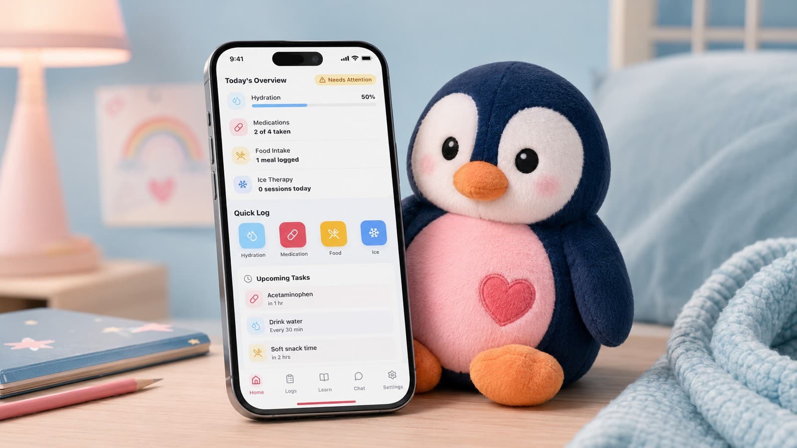 The PainGuin companion app's recovery dashboard next to the physical plush penguin