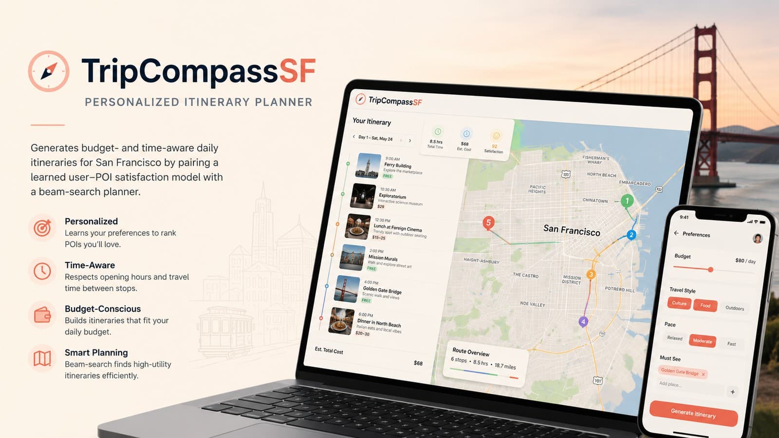 TripCompassSF itinerary planner showing a San Francisco route map and daily schedule
