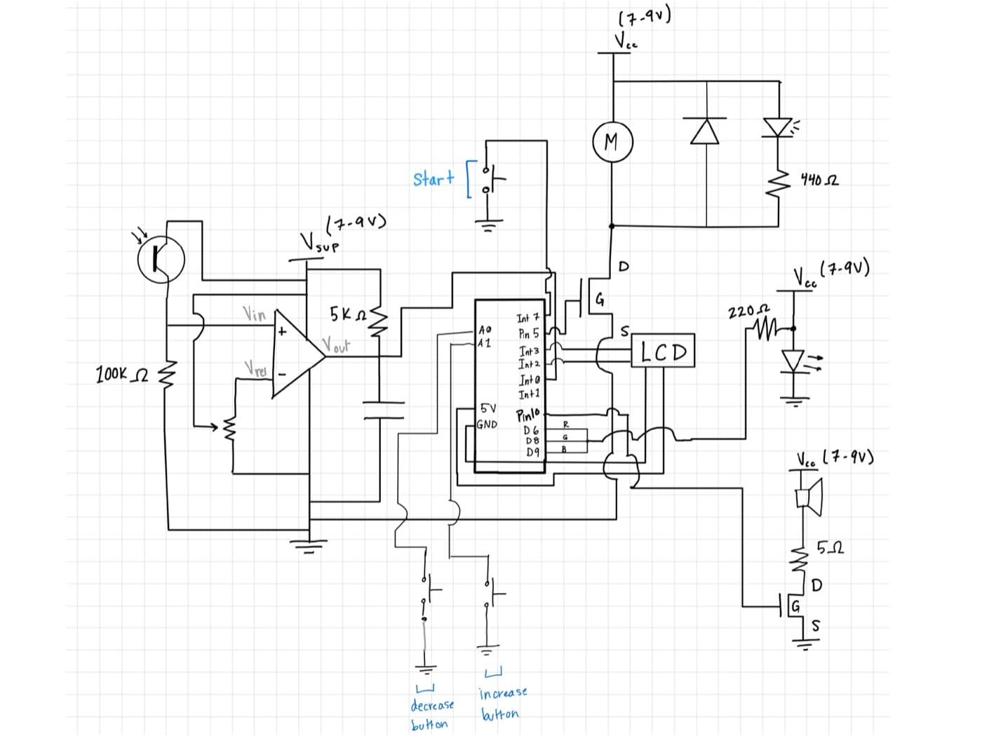 Full circuit schematic showing the phototransistor and comparator sensing stage, Arduino, motor MOSFET driver, LCD, and speaker driver