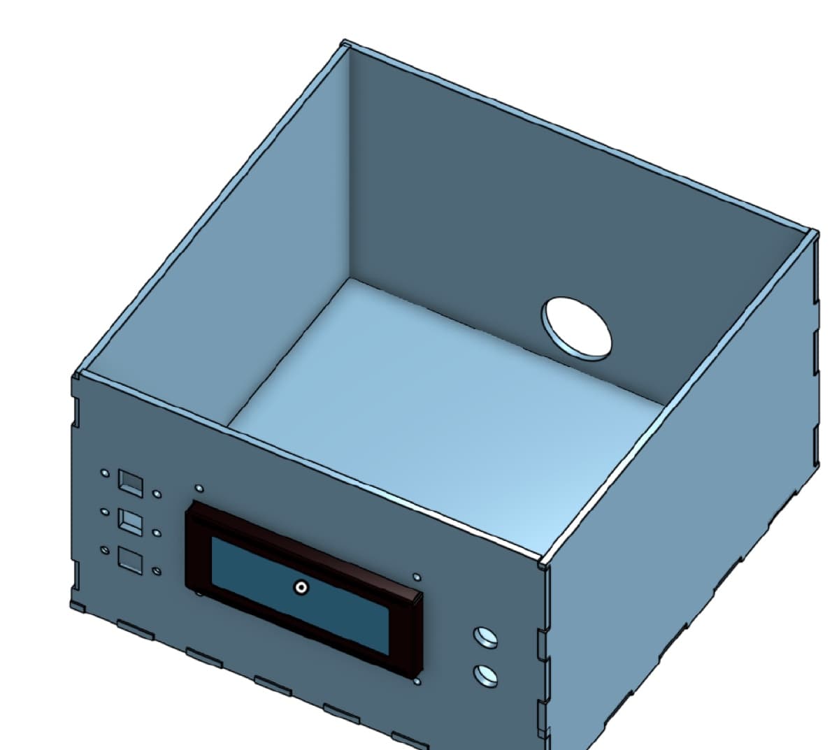 CAD render of the assembled laser-cut enclosure, showing the front-panel cutouts for the LCD, buttons, and status indicators