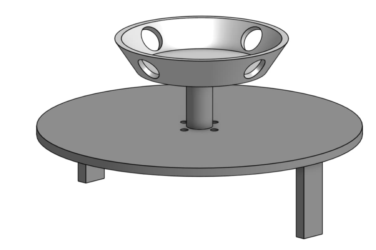 CAD render of the two-level rotor assembly: an upper tube-holder bowl mounted above a circular rotor base